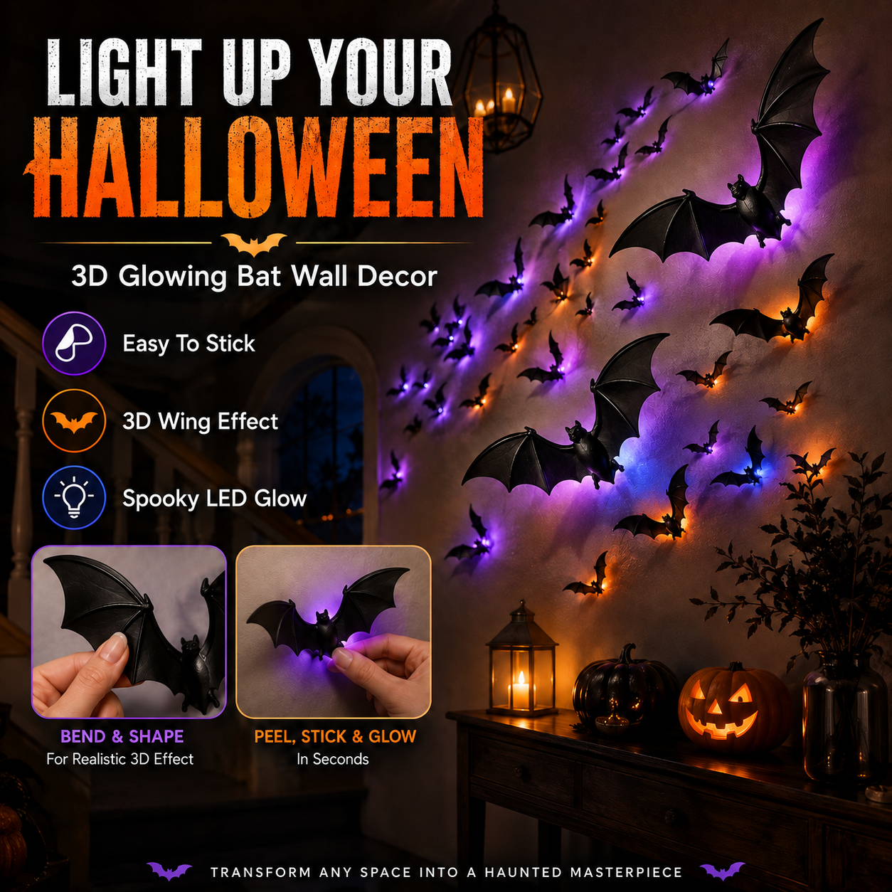 🦇Halloween LED Flying Bat Decorations - Glowing 3D Bat Wall Decor for Porch,Window, Door, Garage &Party Backdrop