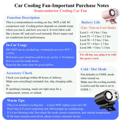 ❄️360° Rotatable Semiconductor Cooling Clip Fan, USB Rechargeable LED Display Portable Cooling Fan for Car