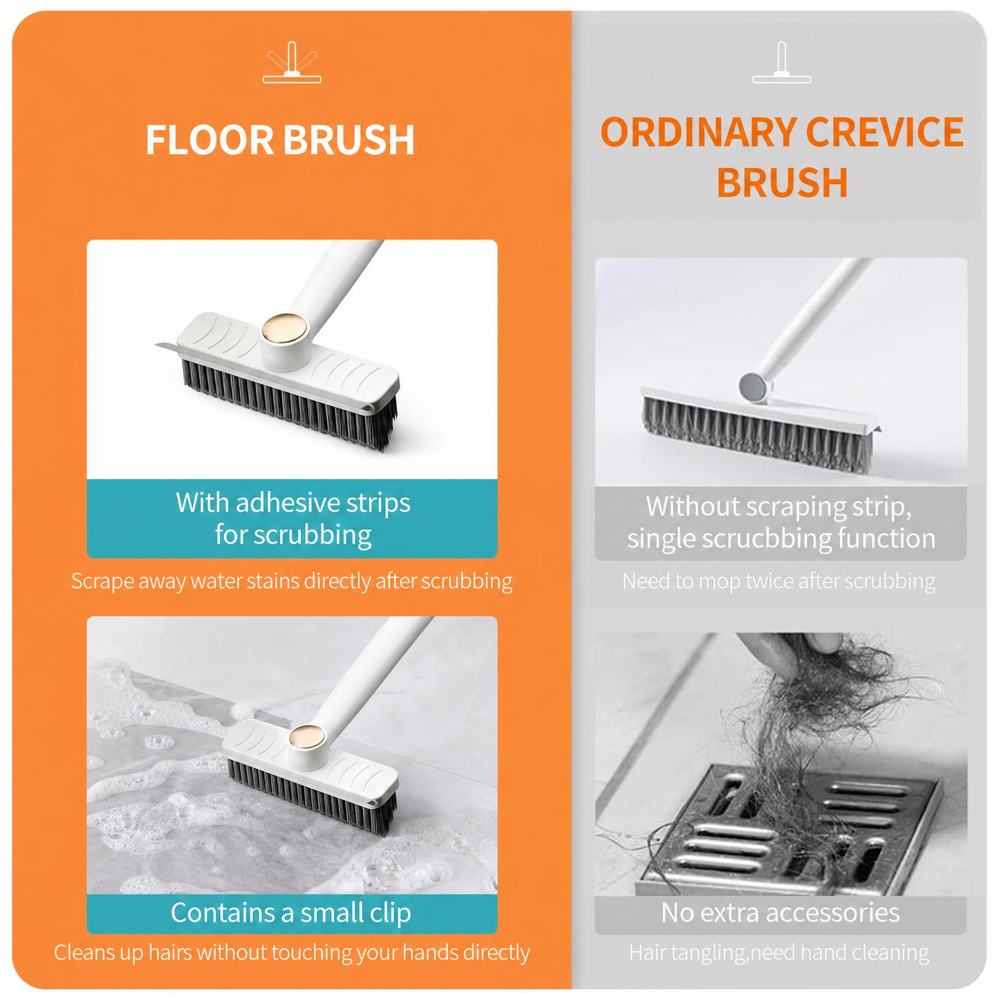 🧹3-in-1 Long Handle Cleaning Brush, Stiff Bristle Scrub Brush with Scraper, Multi-purpose Cleaner for Bathroom Floor Patio Garage