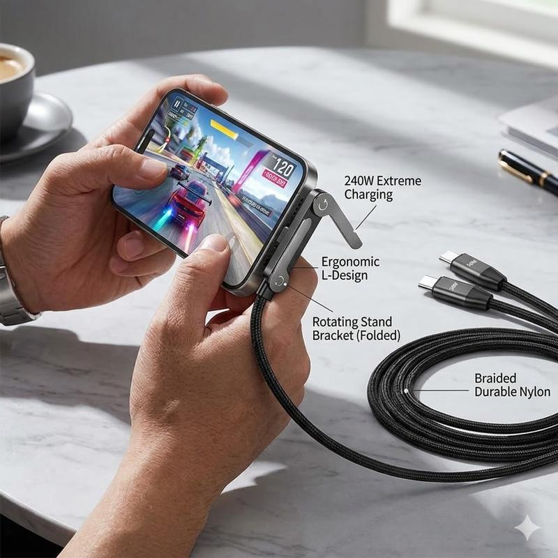 🔥📱240W Braided Fast Charge Cable With Built-in Phone Stand